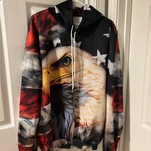 Eagle Print Hoodie with Stars and Stripes Kangaroo Pockets 3D Effect